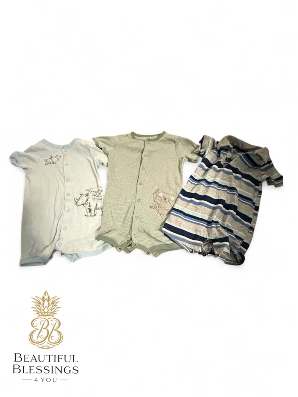 100% Cotton Baby Boy Short-Sleeve Romper Trio in Light Blue, Sage & Navy Stripe